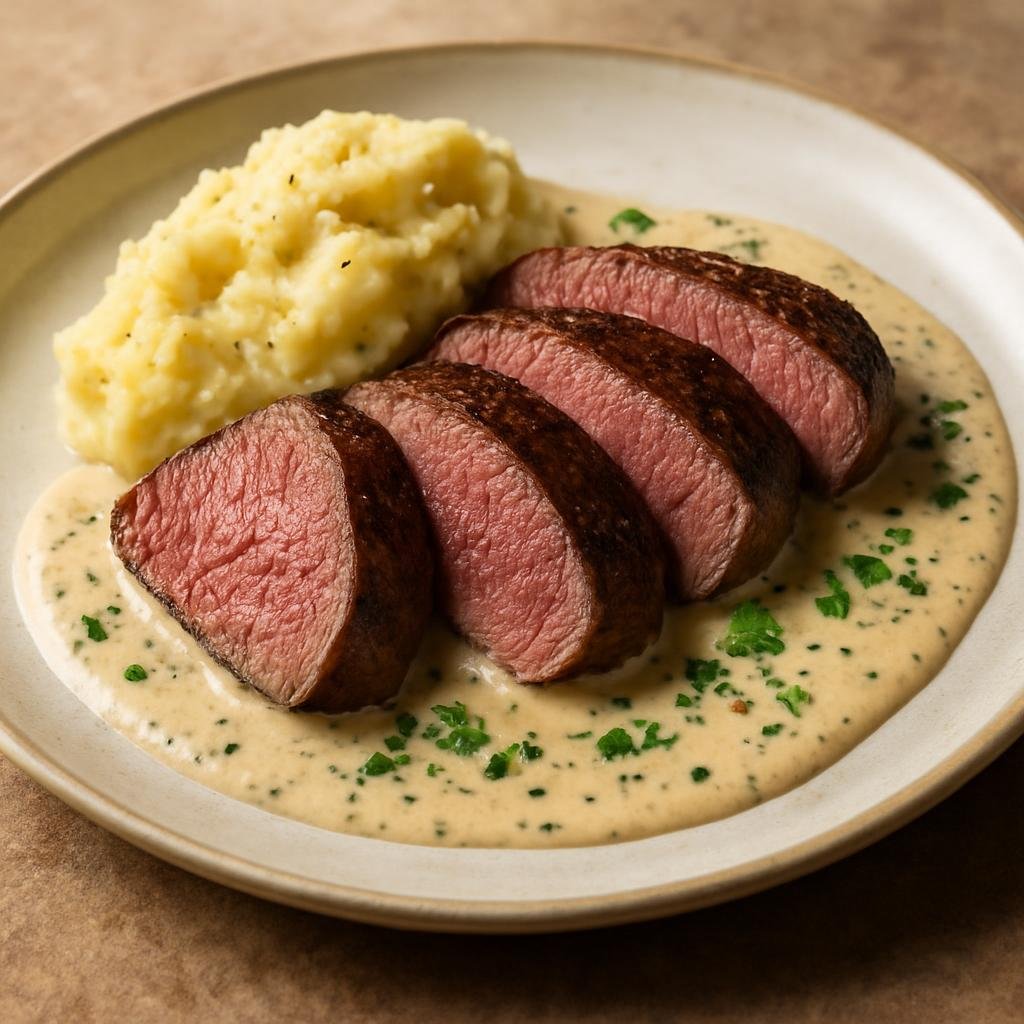 Entree: Australia – South Australia – Kangaroo Fillet with Pepperberry Sauce (Seared lean kangaroo fillets served with a creamy native pepperberry sauce) recipe
