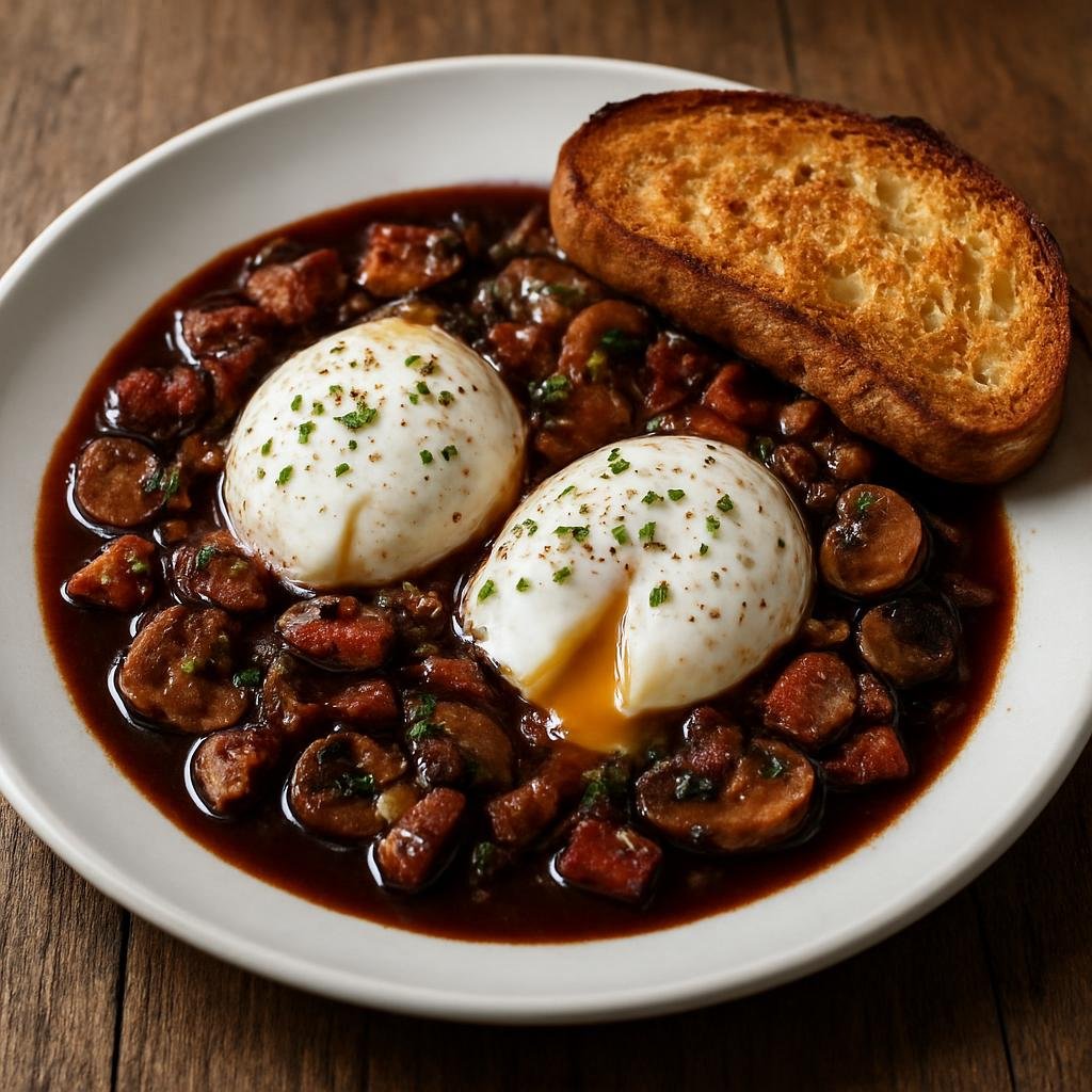 Entree: France – Burgundy – Oeufs en Meurette (Poached eggs served in a reduced red wine sauce with bacon, mushrooms, and toasted bread) recipe