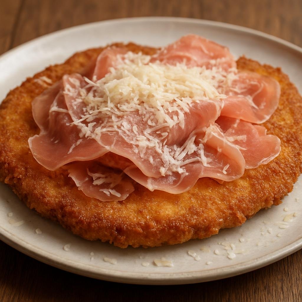 Entree: Italy – Emilia-Romagna – Cotoletta alla Bolognese (Breaded and pan-fried veal cutlets topped with prosciutto and Parmigiano-Reggiano) recipe