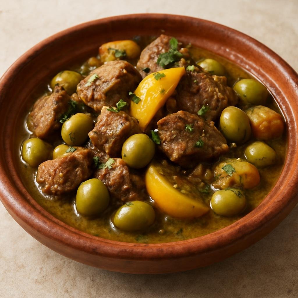 Entree: Algeria – Sahara Algeria – طاجين زيتون ➤ Tajine Zitoun (A North African slow-simmered lamb tajine with green olives and preserved lemon in a fragrant spice broth) recipe