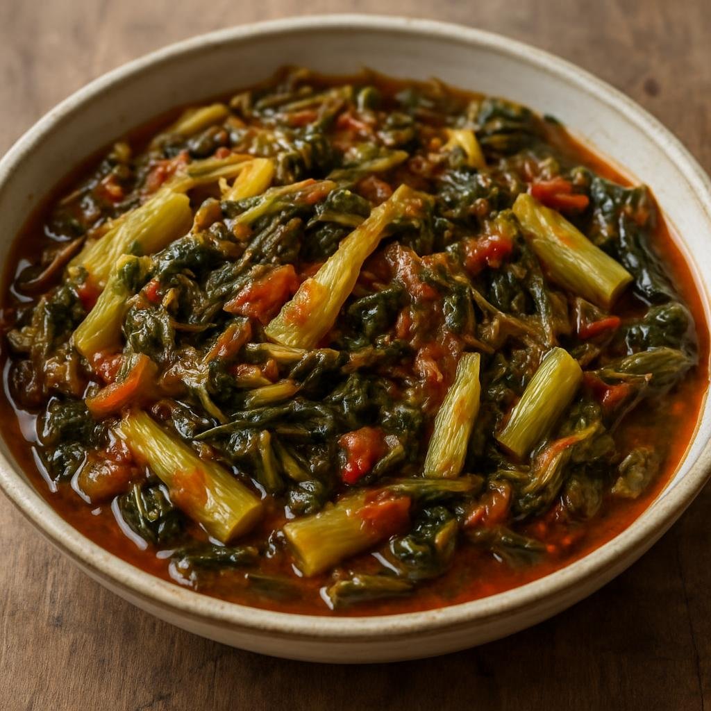 Entree: Greece – Ionian Islands – Τσιγαρέλι ➤ Tsigareli (Sautéed green-leaf stew of wild greens and leeks in tomato with vinegar and chili) recipe