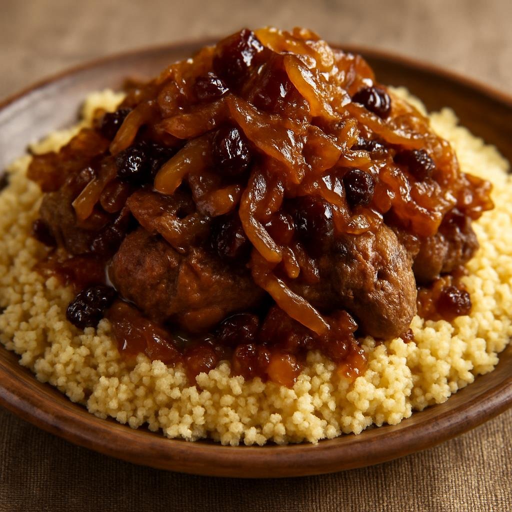 Entree: Morocco – Moroccan Jewish Cuisine – Couscous Tfaya (Steamed semolina couscous served with spiced meat and a sweet caramelized onion-and-raisin topping) recipe