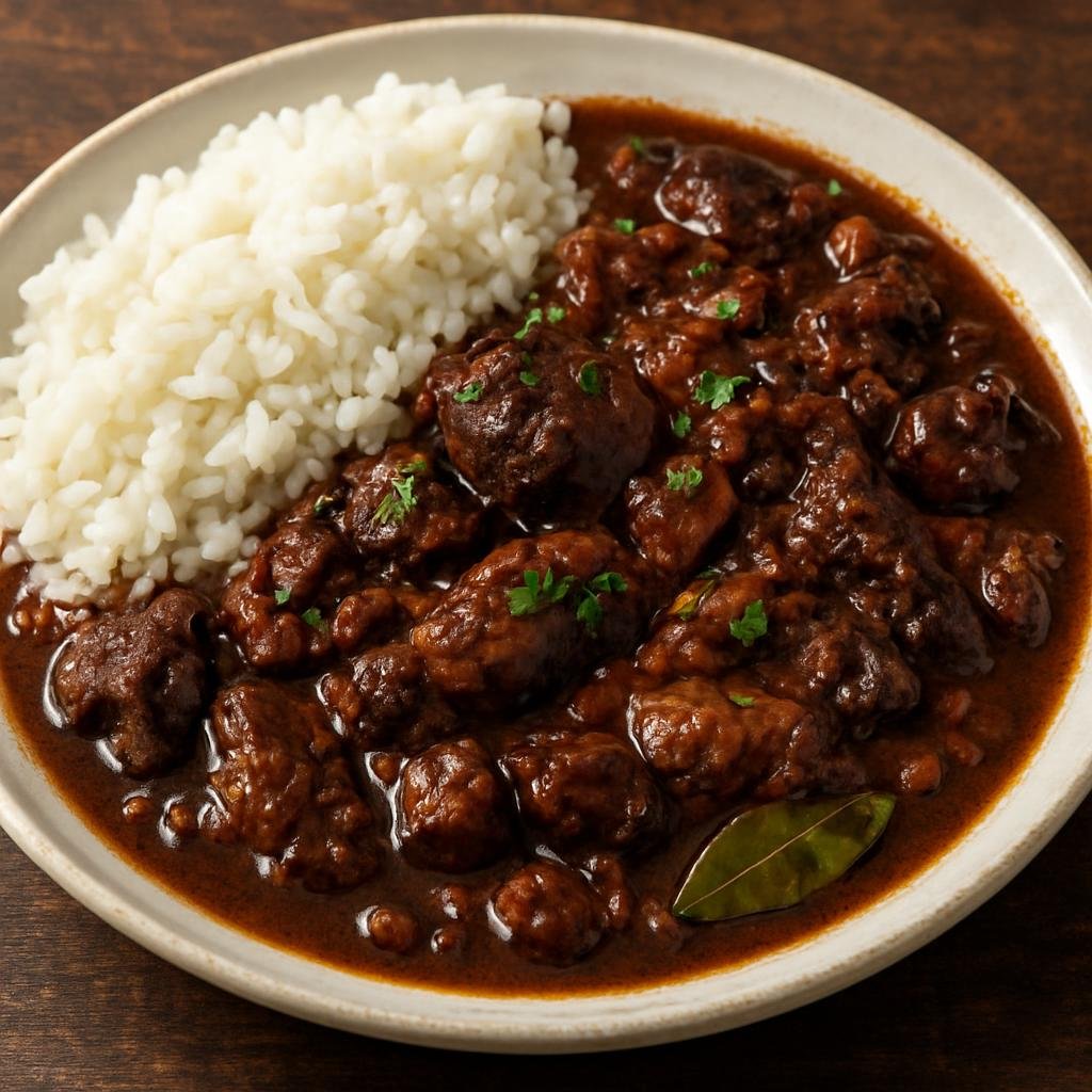 Entree: Portugal – Minho – Sarrabulho (Hearty Minho pork and pig's-blood stew flavored with garlic, wine, vinegar, and spices, traditionally served with rice) recipe