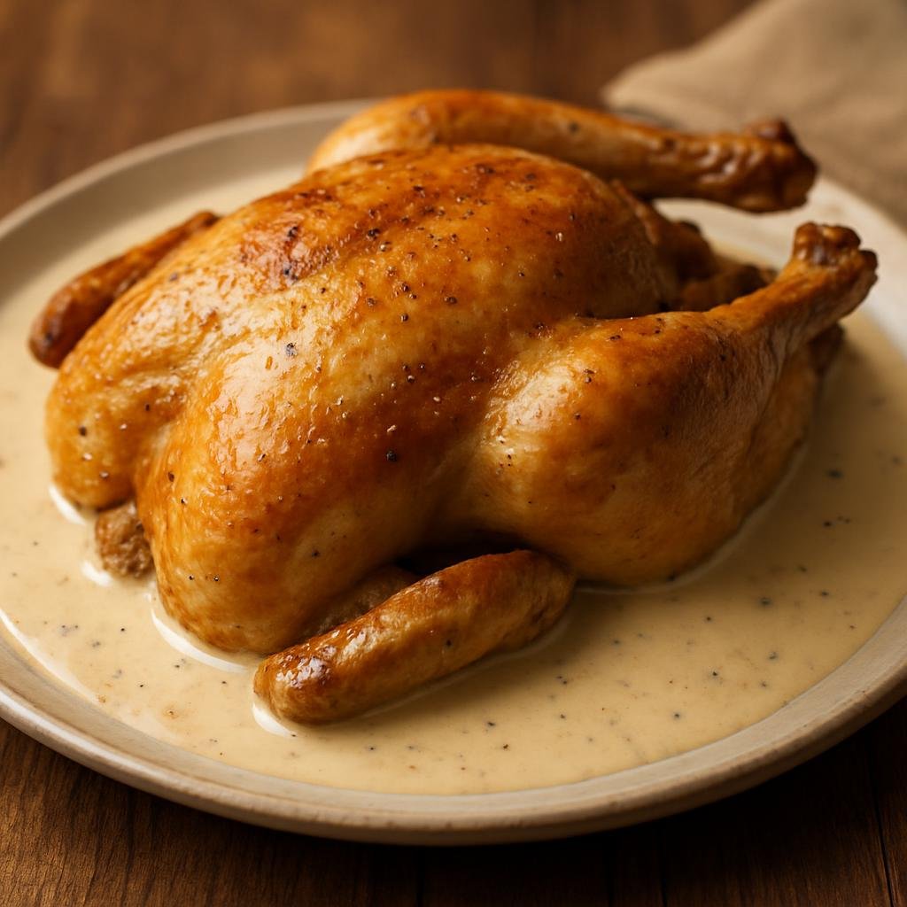 Entree: France – Burgundy – Bresse Chicken with Cream Sauce (Roasted Bresse chicken finished with a rich white wine and cream sauce) recipe