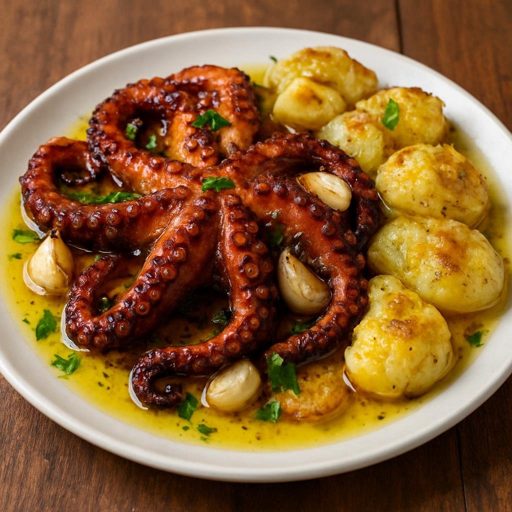 Entree: Portugal – Minho – Polvo à Lagareiro (Octopus roasted in abundant olive oil with garlic and smashed potatoes) recipe
