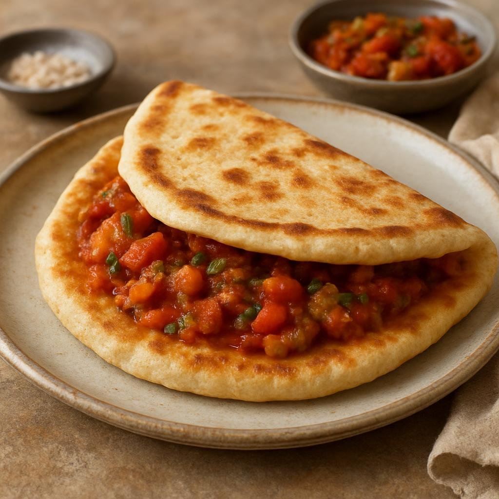 Entree: Algeria – Sahara Algeria – محاجب ➤ Mhadjeb (Thin semolina flatbread stuffed with a spiced tomato and vegetable filling) recipe