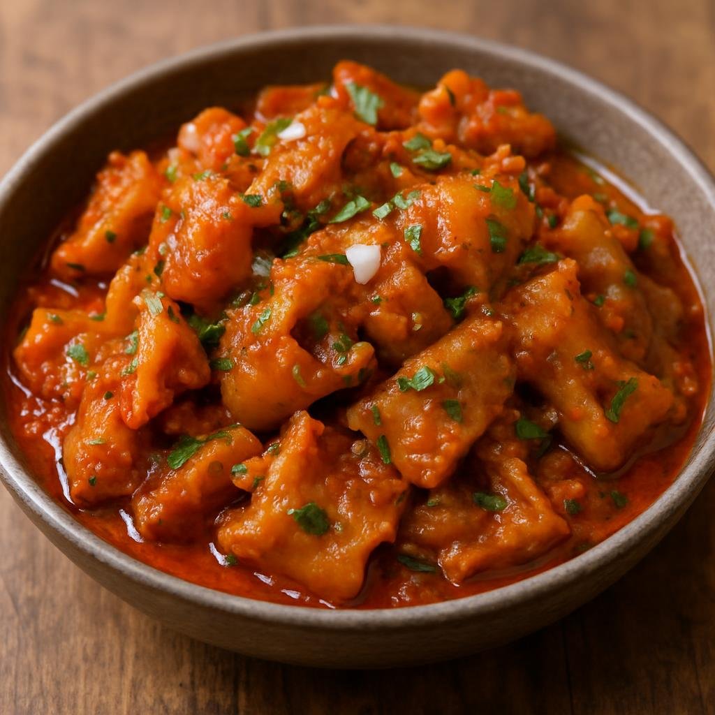 Entree: Nigeria – Lagos Street Food – Nkwobi (Spiced, palm-oil coated cow-foot stew served warm as a communal street-food plate) recipe