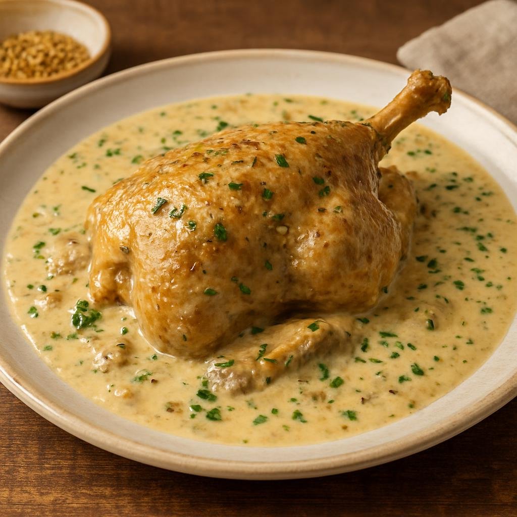 Entree: France – Burgundy – Pintade à la Crème (Guinea fowl braised and finished in a rich creamy mustard sauce) recipe