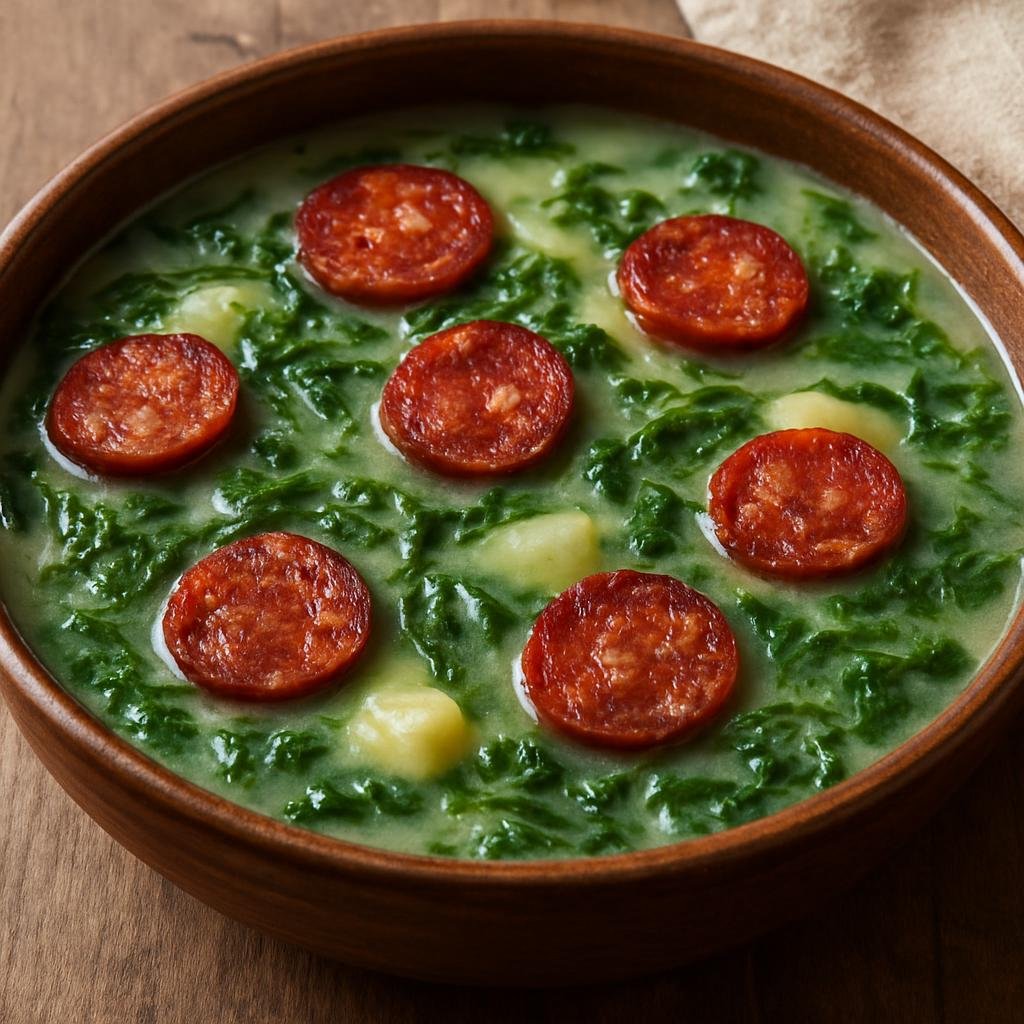 Entree: Portugal – Minho – Caldo Verde com Chouriço (Hearty Portuguese potato and kale soup with slices of smoked chouriço sausage) recipe