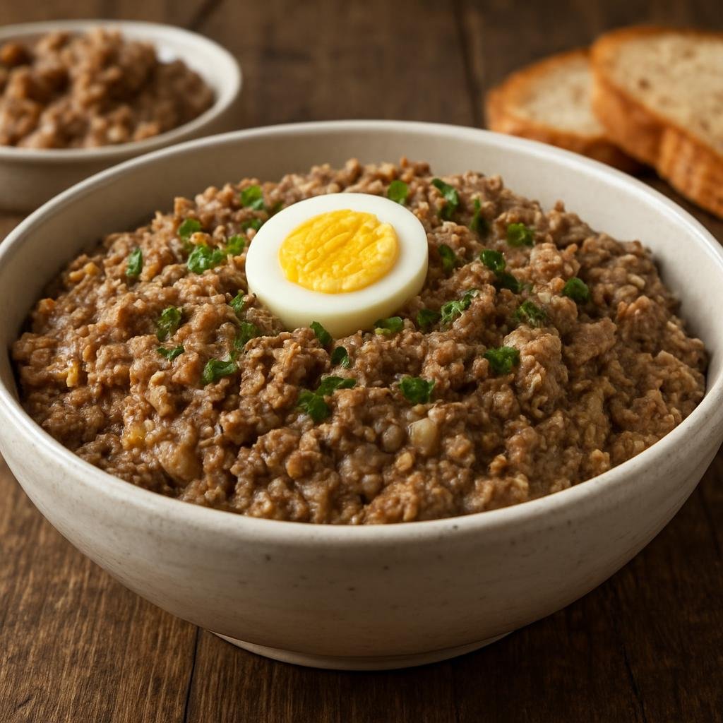 Entree: Poland – Polish Jewish Cuisine – Chopped Liver (A coarse pâté-style spread made from cooked liver, sautéed onions and hard-cooked eggs) recipe