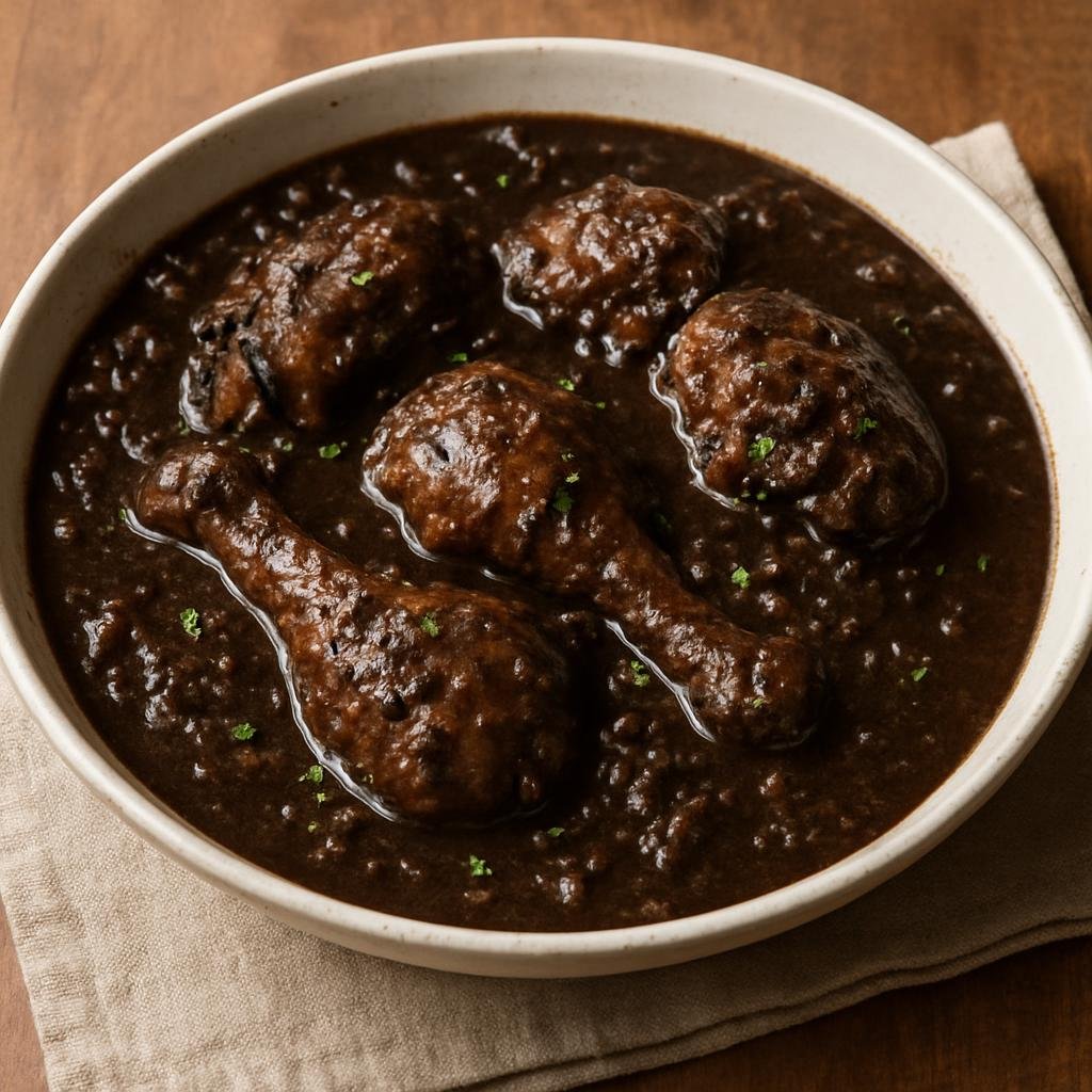 Entree: Portugal – Minho – Frango de Cabidela (Chicken stew cooked with its own blood and vinegar, creating a dark, tangy sauce) recipe