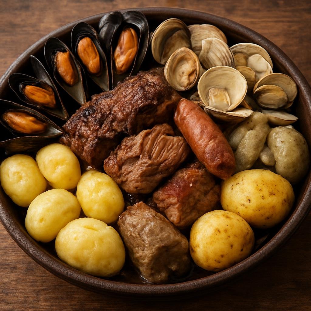 Entree: Chile – Southern Chile – Curanto (Traditional Southern Chilean earth-oven stew of shellfish, meats, potatoes, and potato dumplings) recipe