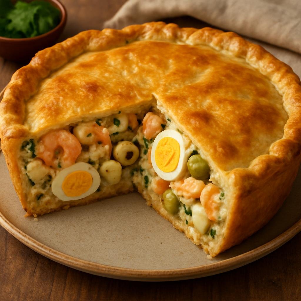 Entree: Brazil – Espirito Santo – Torta Capixaba (Savory baked pie from Espírito Santo filled with seafood, hearts of palm, olives, and eggs) recipe