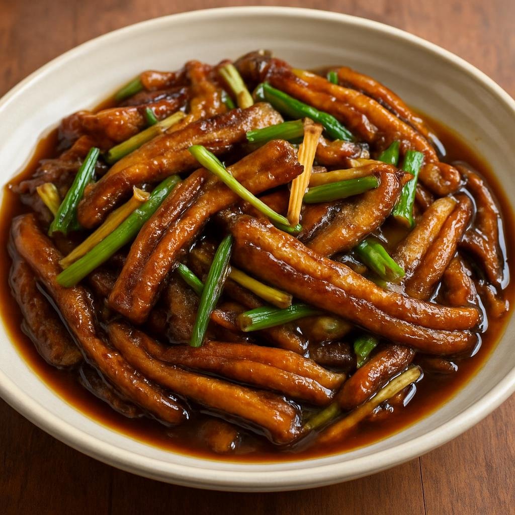 Entree: China – Zhejiang – 杭州炒鳝 ➤ Hángzhōu chǎo shàn (Stir-fried freshwater eel in a savory-sweet Hangzhou-style sauce with ginger and scallions) recipe