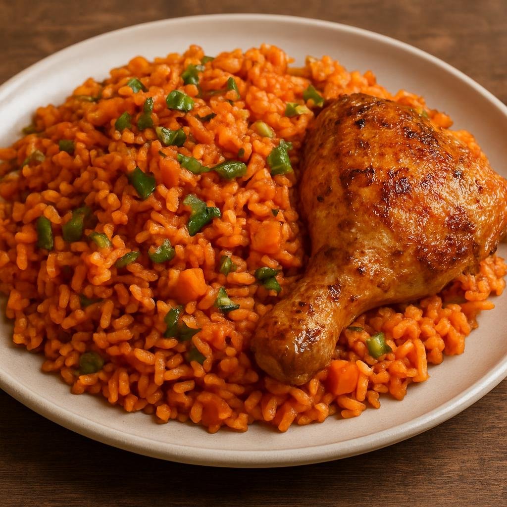 Entree: Nigeria – Middle Belt – Jollof Rice (West African spiced one-pot tomato rice cooked with vegetables and seasoned protein) recipe