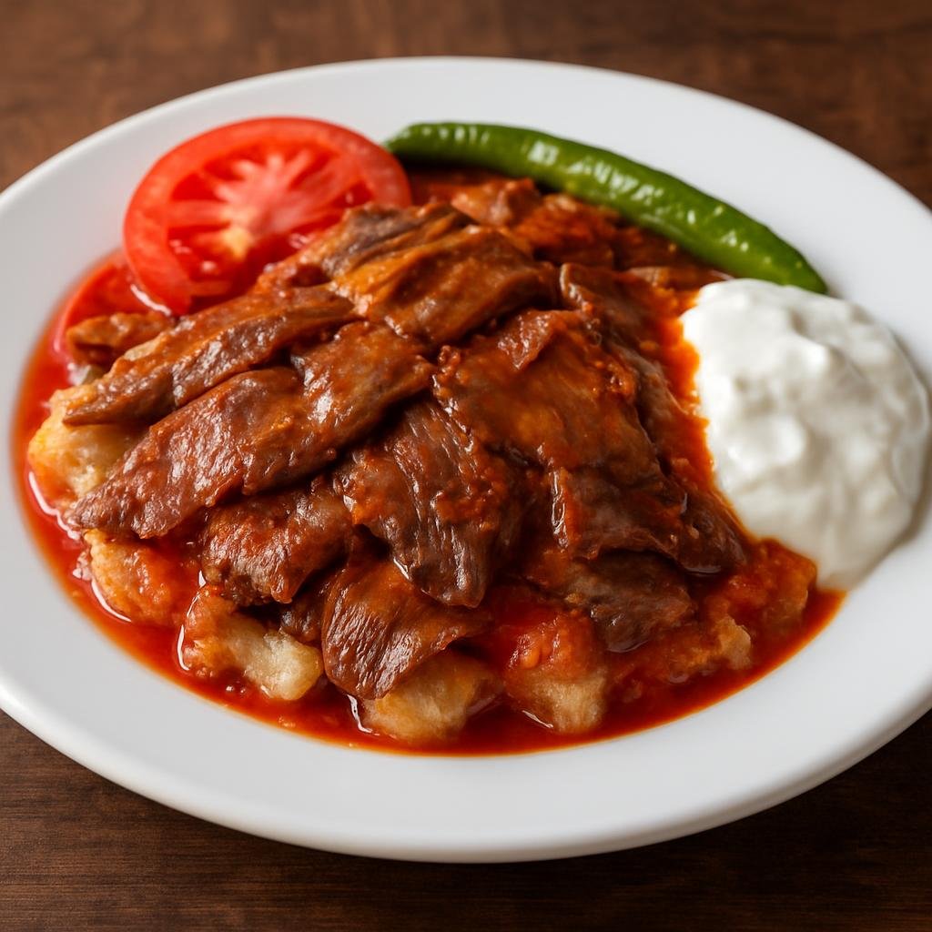 Entree: Turkey – Istanbul – Iskender Kebab (Thinly sliced roasted lamb served over torn bread with tomato sauce, melted butter, and yogurt) recipe