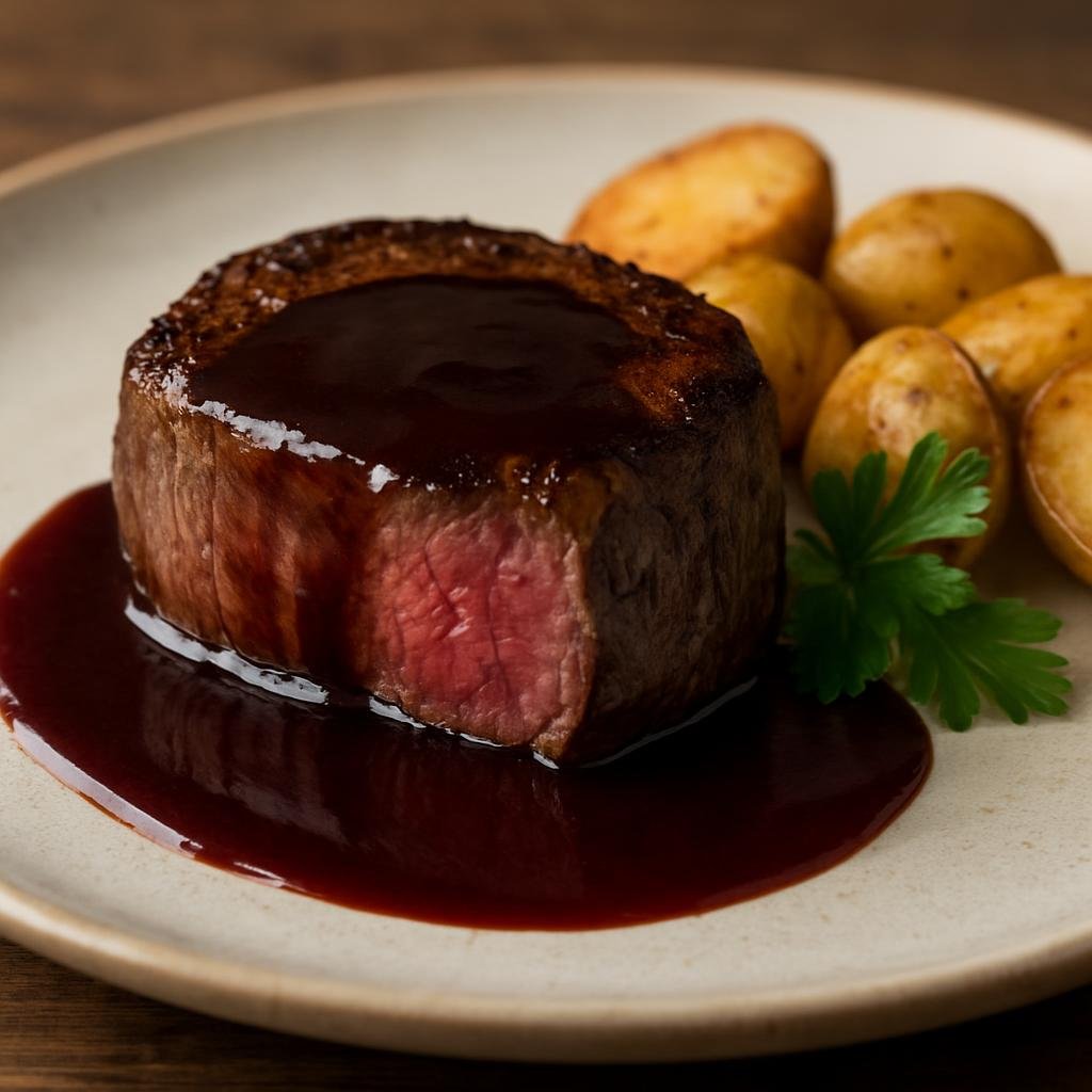 Entree: United States – California Wine Country – Filet Mignon with Cabernet Sauce (Tender center-cut beef steaks pan-seared and finished with a Cabernet red wine reduction sauce) recipe