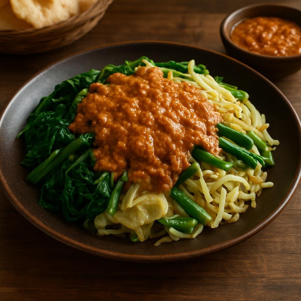 Entree: Indonesia – East Java – Pecel Madiun (Boiled and blanched mixed vegetables dressed in a spicy, slightly sweet East Javanese peanut sauce) recipe