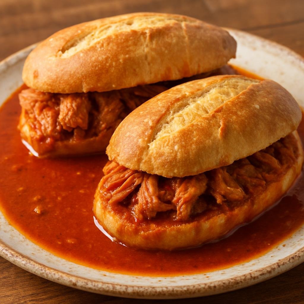 Entree: Mexico – Jalisco – Tortas Ahogadas (Sandwiches of crusty birote rolls filled with seasoned pork and submerged in a spicy tomato-chile drowning sauce) recipe