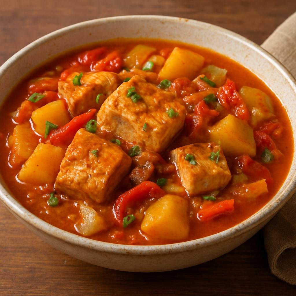 Entree: Spain – Cantabria – Marmita de Bonito (Cantabrian tuna and potato stew simmered with tomatoes, peppers, and onions) recipe