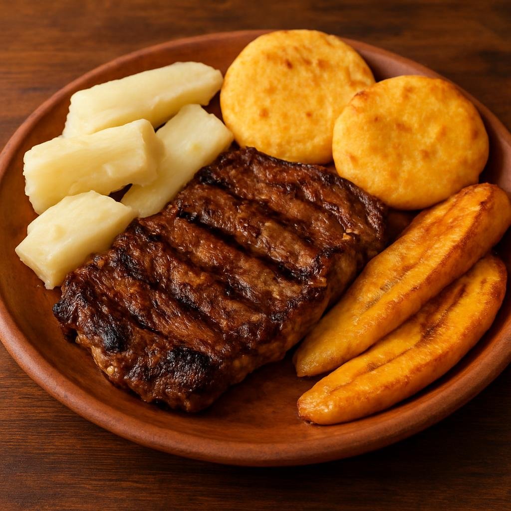Entree: Colombia – Llanos – Carne a la Llanera (Open‑flame grilled Llanos‑style beef served with yuca, plantain, and corn arepas) recipe