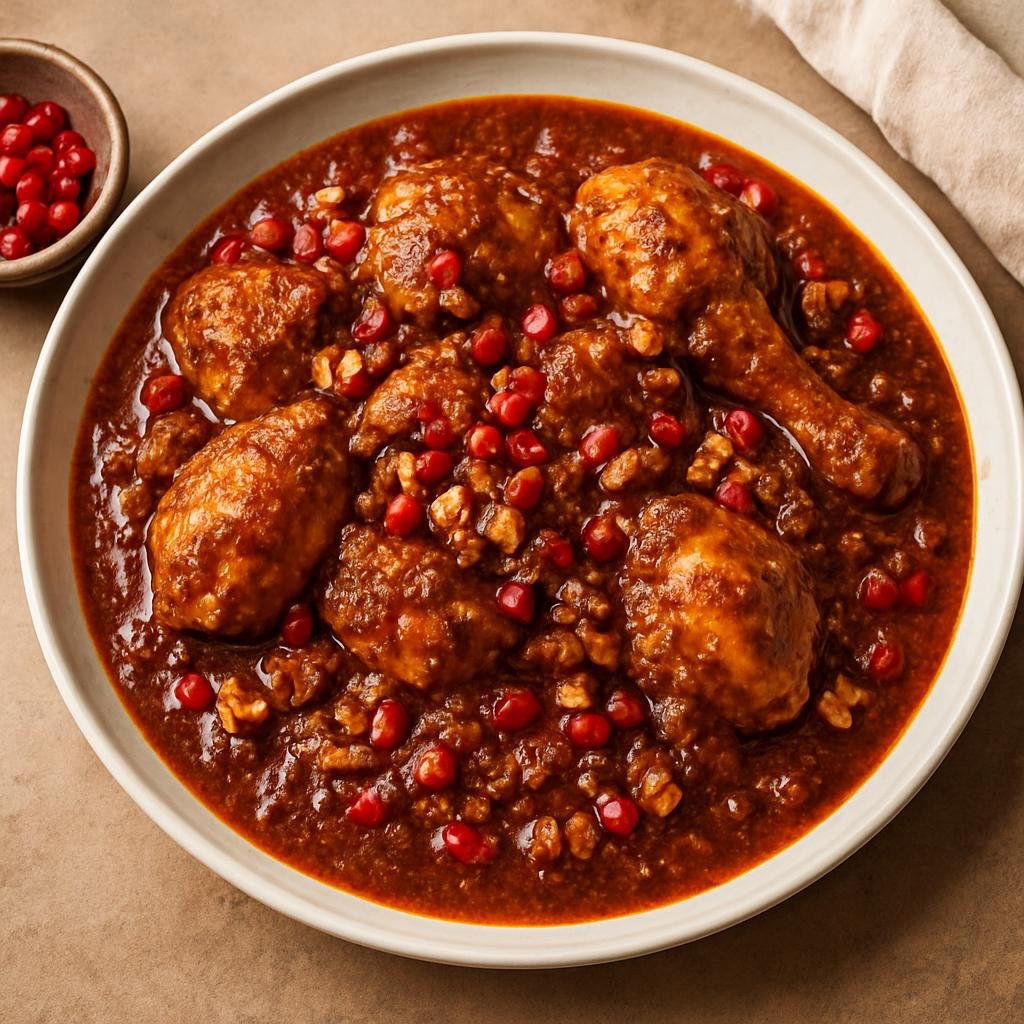 Entree: Iran – Mazandaran – مرغ ترش ➤ Morgh-e Torsh (Mazandarani sweet-and-sour chicken braised in pomegranate-walnut sauce) recipe