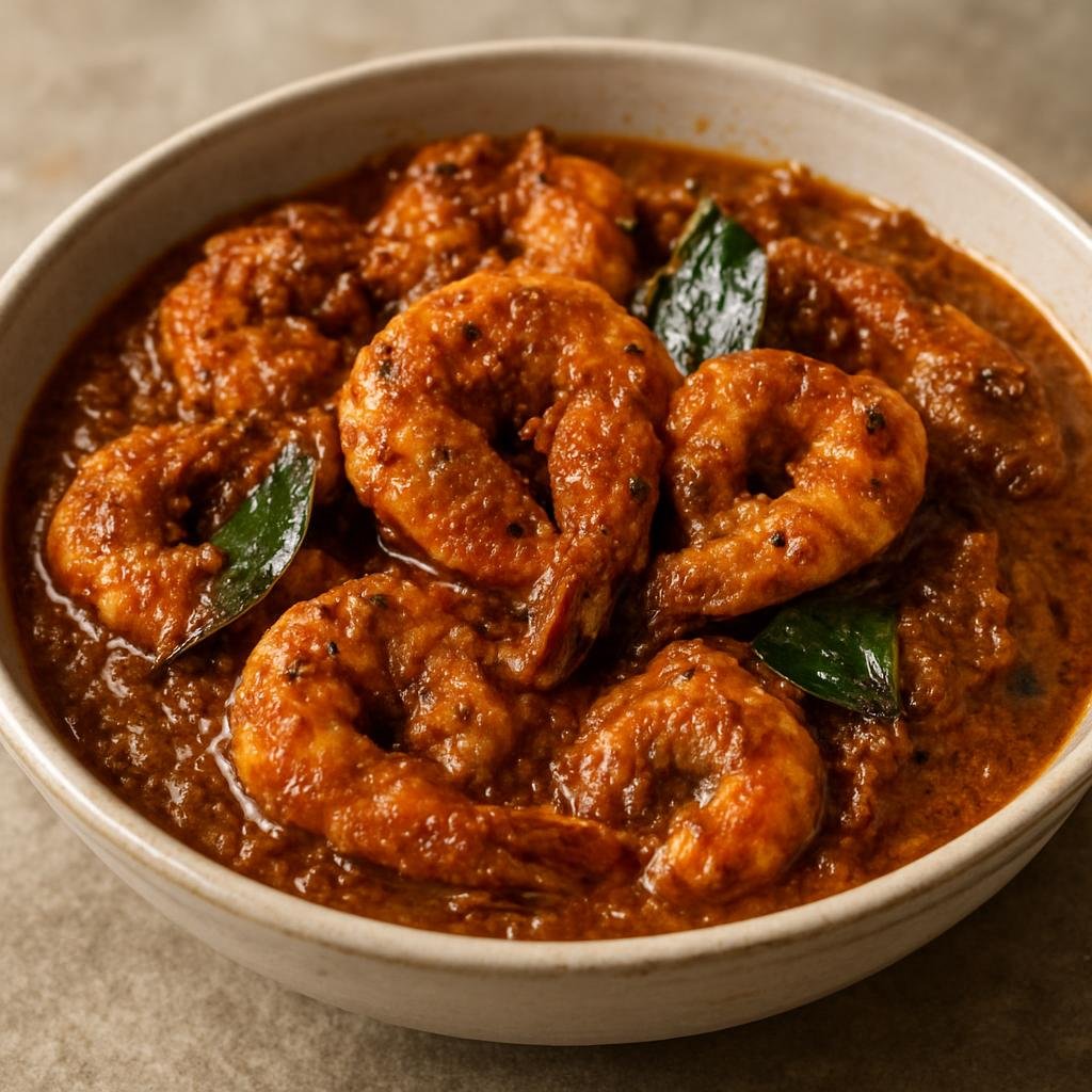 Entree: India – Chettinad – இறால் மசாலா ➤ Iraal Masala (Spicy Chettinad-style prawn curry made with roasted-ground spices, coconut, and curry leaves) recipe