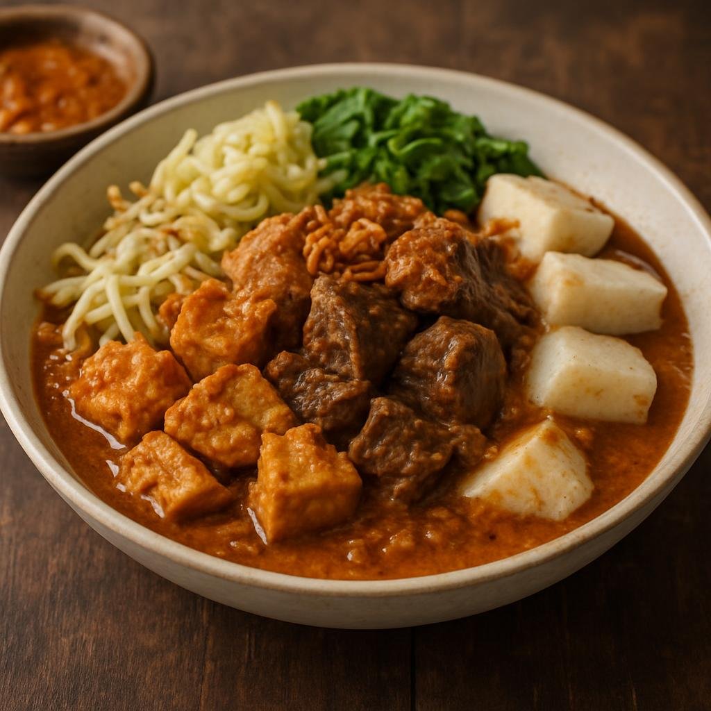 Entree: Indonesia – East Java – Tahu Campur (East Javanese mixed tofu and beef bowl with rice cake, vegetables, and savory-spicy peanut and shrimp-paste sauce) recipe