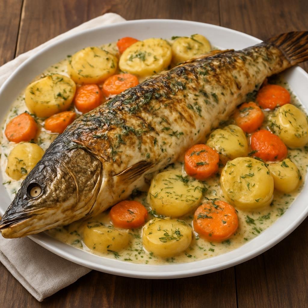 Entree: Russia – Far East Russia – Запечённая амурская щука ➤ Zapechennaya amurskaya shchuka (Whole Amur-region pike baked with sour cream, dill, and root vegetables) recipe