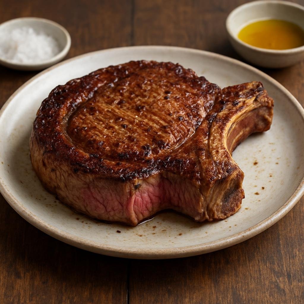 Entree: Portugal – Porto & North – Posta à Mirandesa (Thick bone-in beef steak from northern Portugal, simply seasoned and pan-seared or grilled) recipe