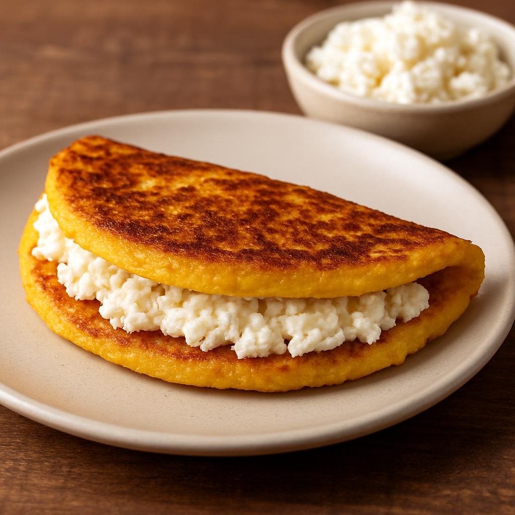 Entree: Colombia – Llanos – Cachapa con Queso (Thick sweet corn pancake traditionally filled with fresh white cheese) recipe