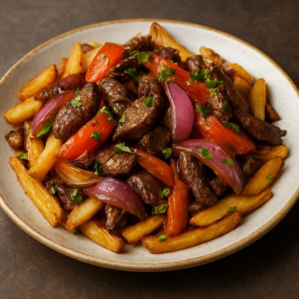 Entree: Peru – Nikkei Peruvian – Nikkei Lomo Saltado (High-heat Peruvian stir-fry of marinated beef with onions, tomatoes, and fries blending Japanese and Peruvian flavors) recipe