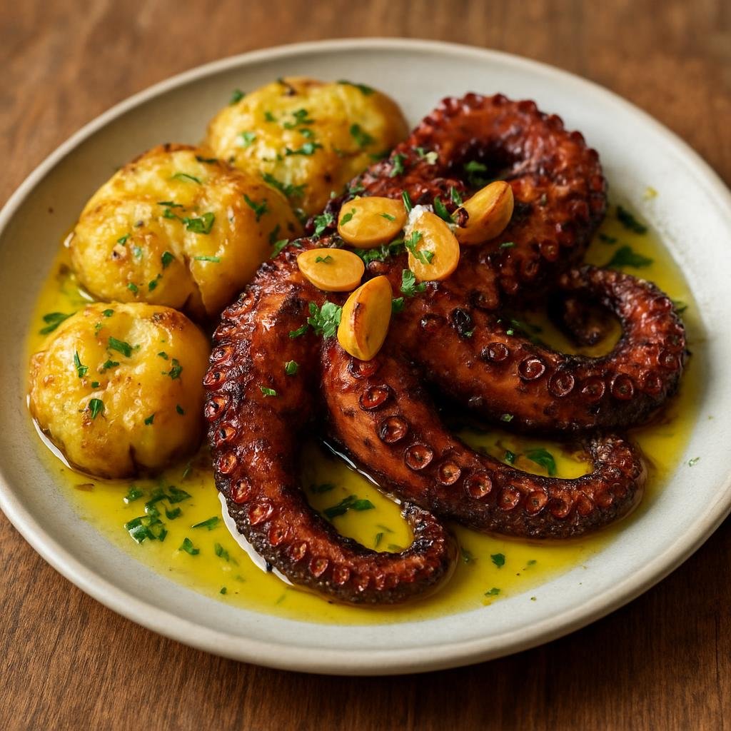 Entree: Portugal – Porto & North – Polvo à Lagareiro (roasted octopus with garlic, olive oil and smashed potatoes) recipe