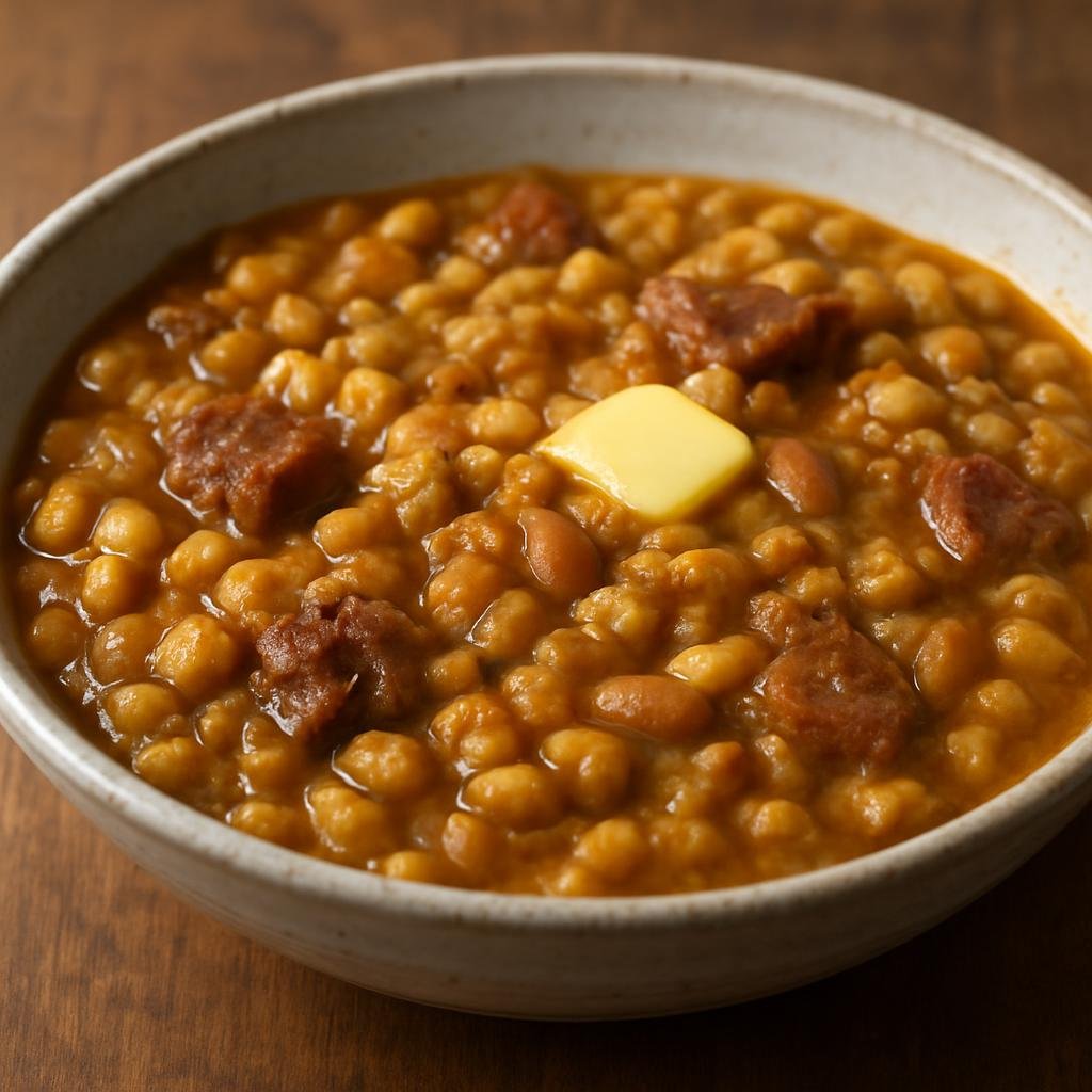 Entree: South Africa – Xhosa Cuisine – Umgqusho (stew of crushed maize known as samp with sugar beans, enriched with butter or pork for flavor) recipe