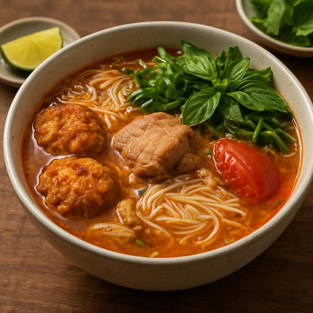 Entree: Vietnam – Saigon / Ho Chi Minh City – Bún Riêu (Vietnamese tomato and crab noodle soup with rice vermicelli, pork, crab patties, and fresh herbs) recipe