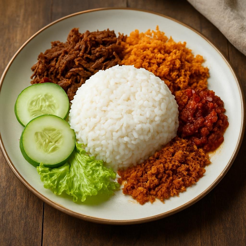 Entree: Indonesia – East Java – Nasi Krawu (East Javanese rice plate with seasoned shredded beef, spiced fried coconut, sambal and fresh vegetables) recipe