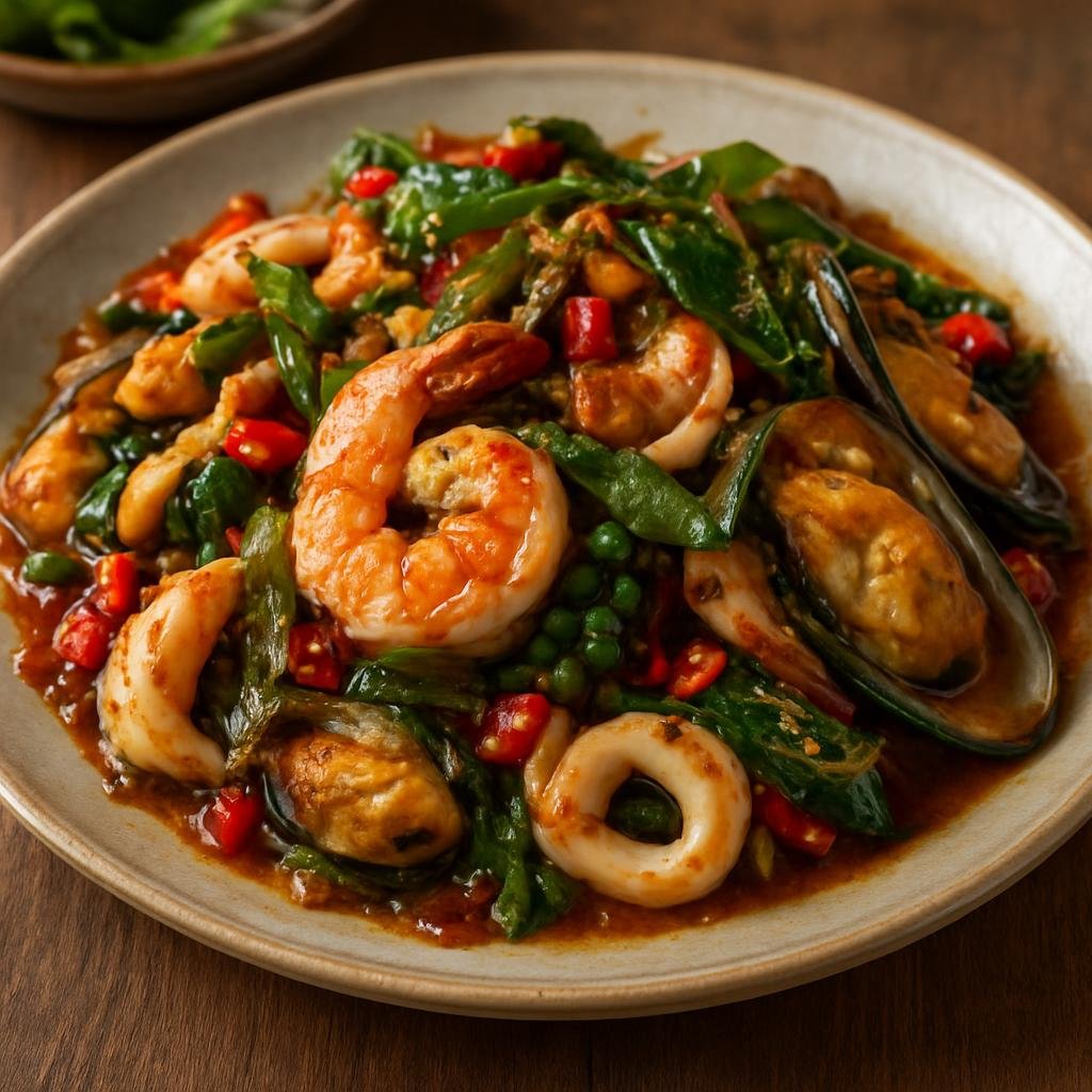 Entree: Thailand – Southern Thailand – ผัดฉ่าทะเล ➤ Phat Cha Talay (Spicy aromatic stir-fried mixed seafood with herbs) recipe