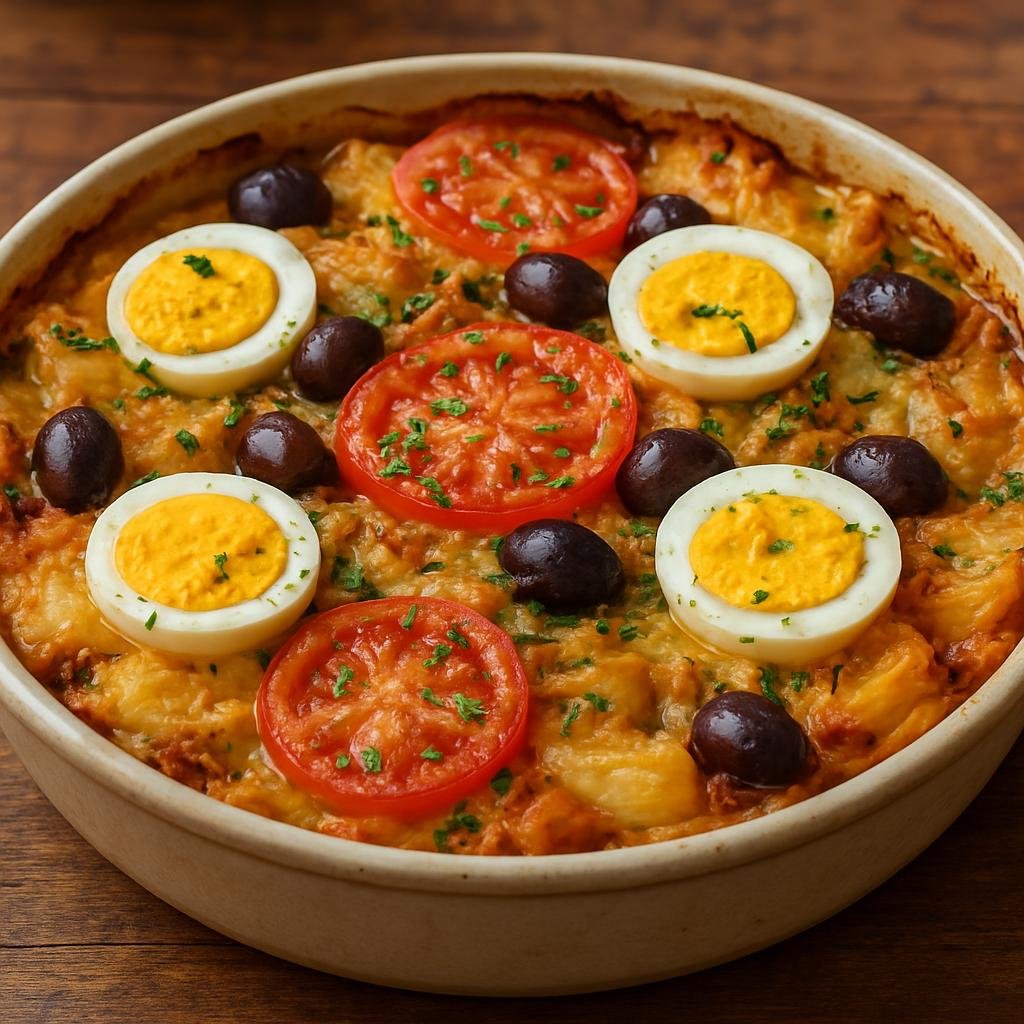 Entree: Brazil – Espirito Santo – Bacalhau à Capixaba (Baked salted cod casserole layered with boiled cassava, tomatoes, onions, olives, and hard‑boiled eggs) recipe
