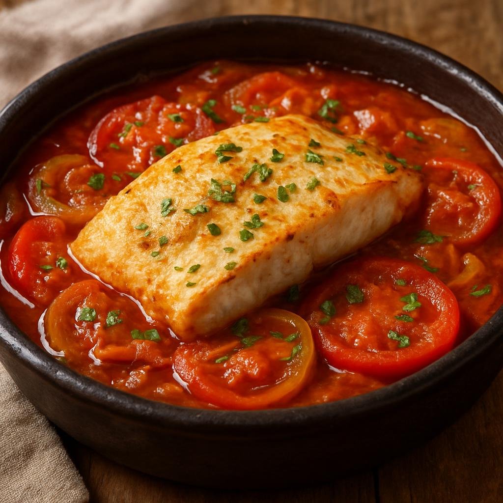 Entree: Spain – Cantabria – Merluza a la Cazuela (Hake cooked in a shallow casserole with tomatoes, onions, white wine, and herbs) recipe