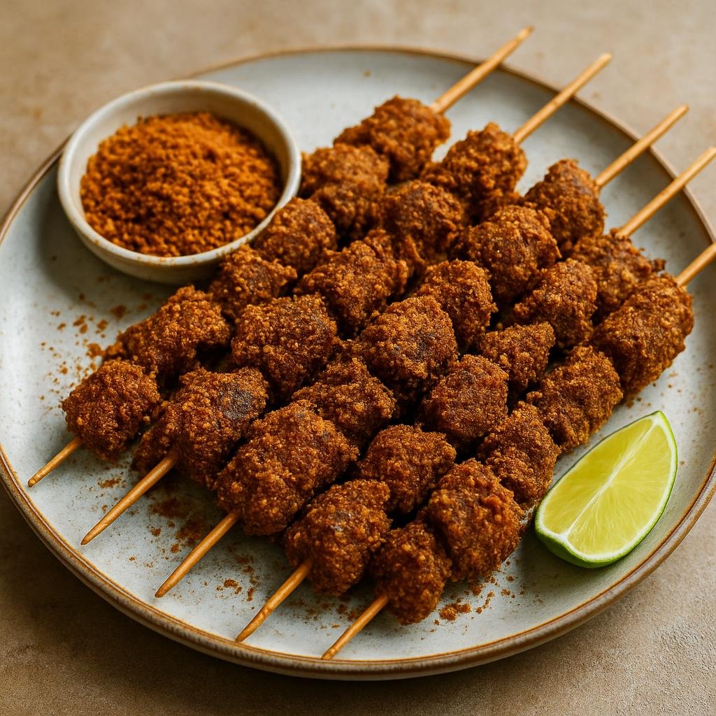 Entree: Nigeria – Middle Belt – Suya (Spiced skewered grilled meat coated in a dry roasted-peanut and chili spice blend) recipe
