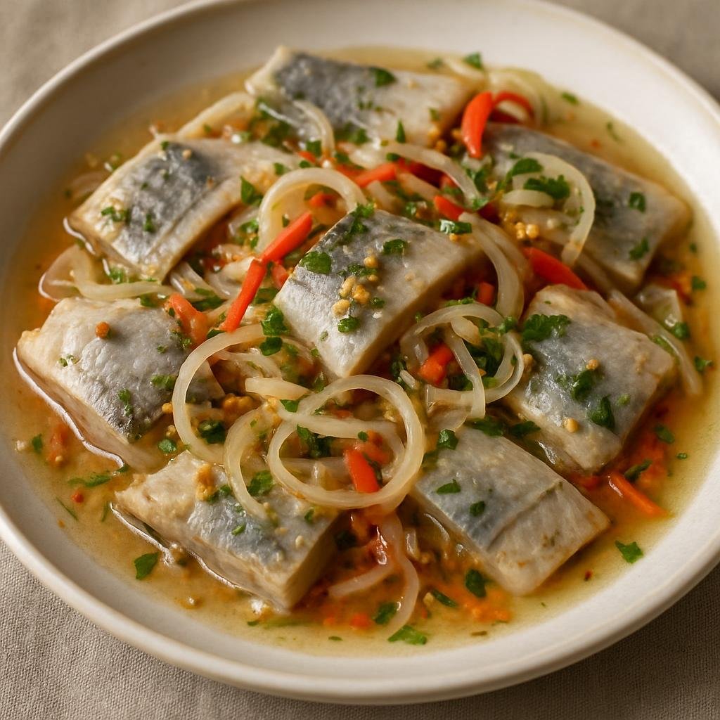 Entree: Poland – Pomerania – Kaszubski Śledź (Kashubian-style marinated herring in a spiced vinegar-onion dressing) recipe