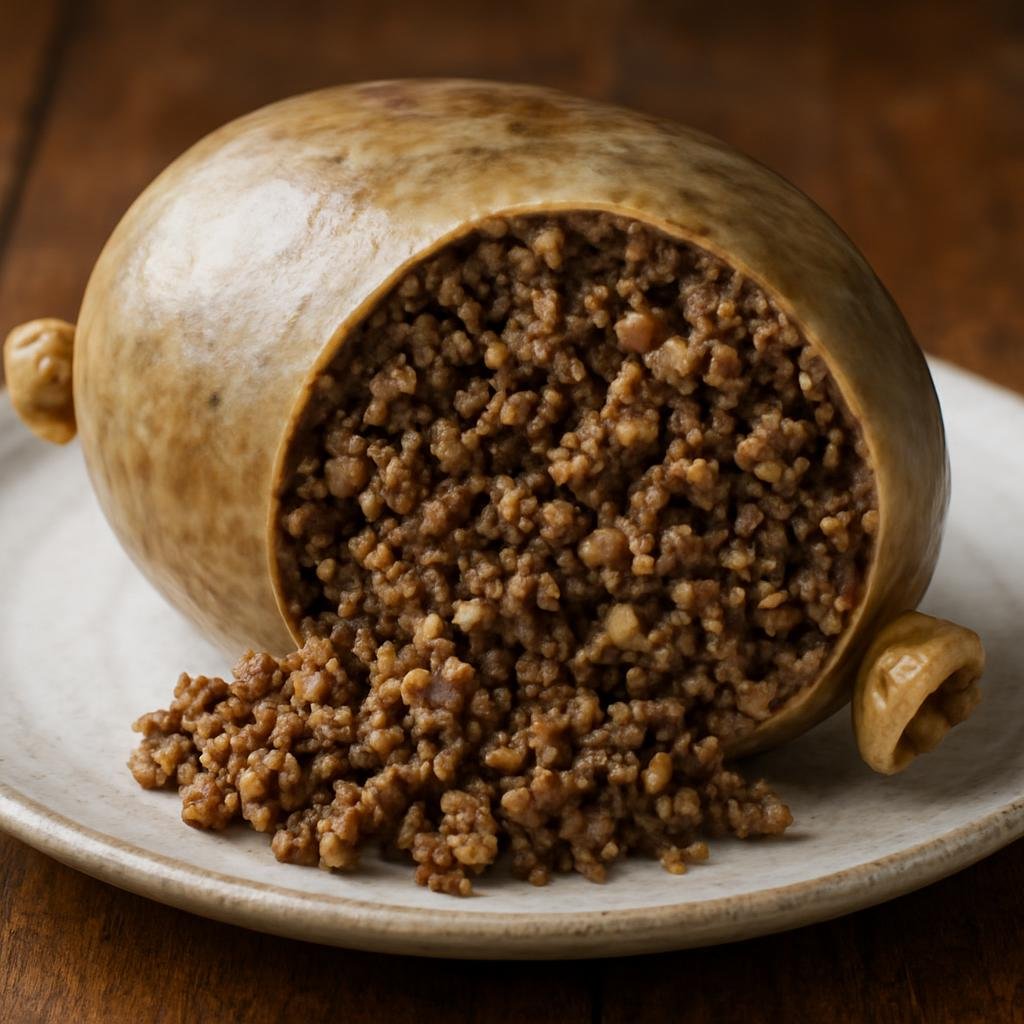 Entree: United Kingdom – Scotland Highlands – Haggis (Savory pudding of sheep offal, oats, suet, and spices traditionally encased and boiled) recipe