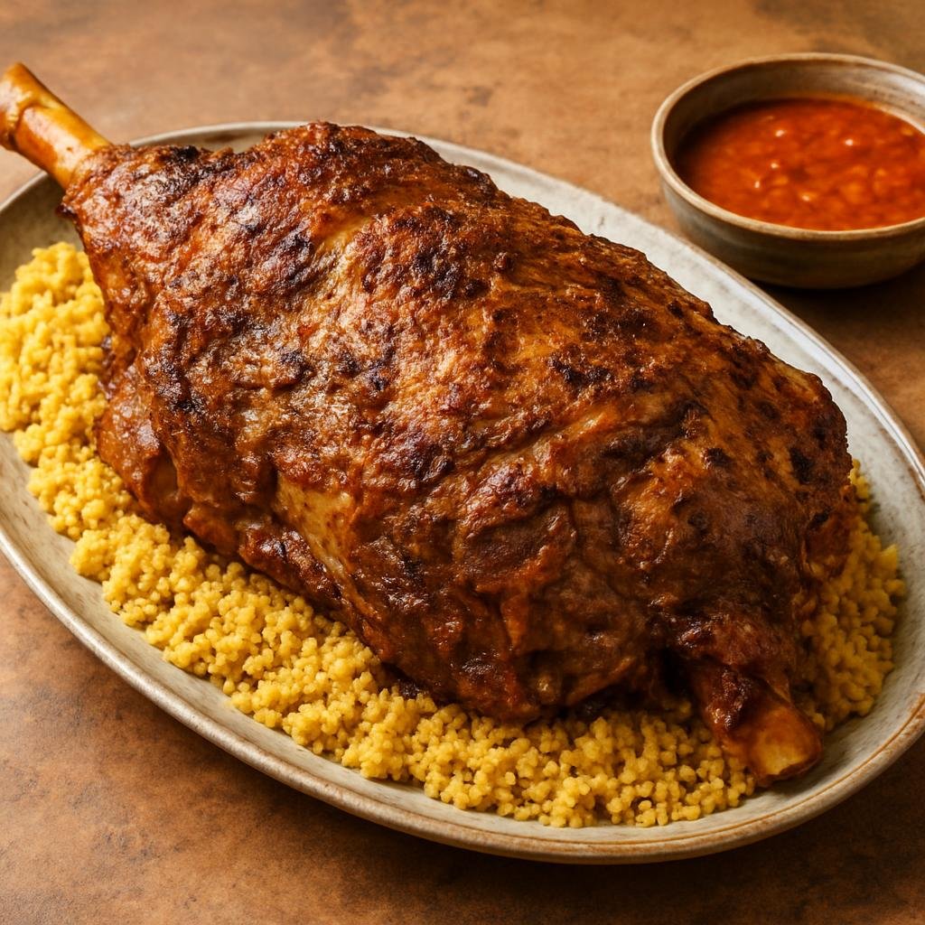 Entree: Morocco – Sahara & Southern Morocco – المشوي ➤ al-mashwi (Slow-roasted whole or large cuts of lamb seasoned with Moroccan spices until tender) recipe