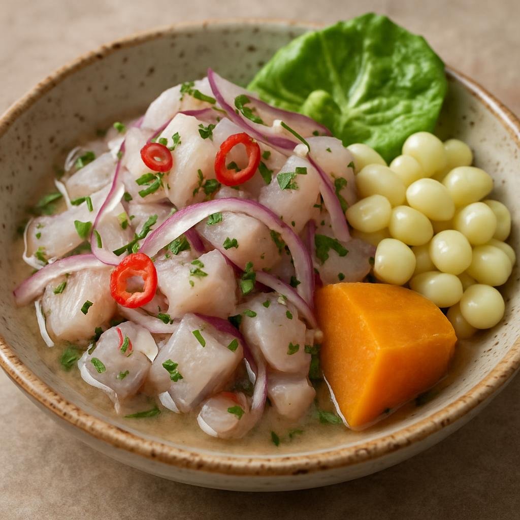 Entree: Peru – Northern Coast – Ceviche de Pescado (Fresh raw fish cured in citrus with onions, chili, and cilantro) recipe