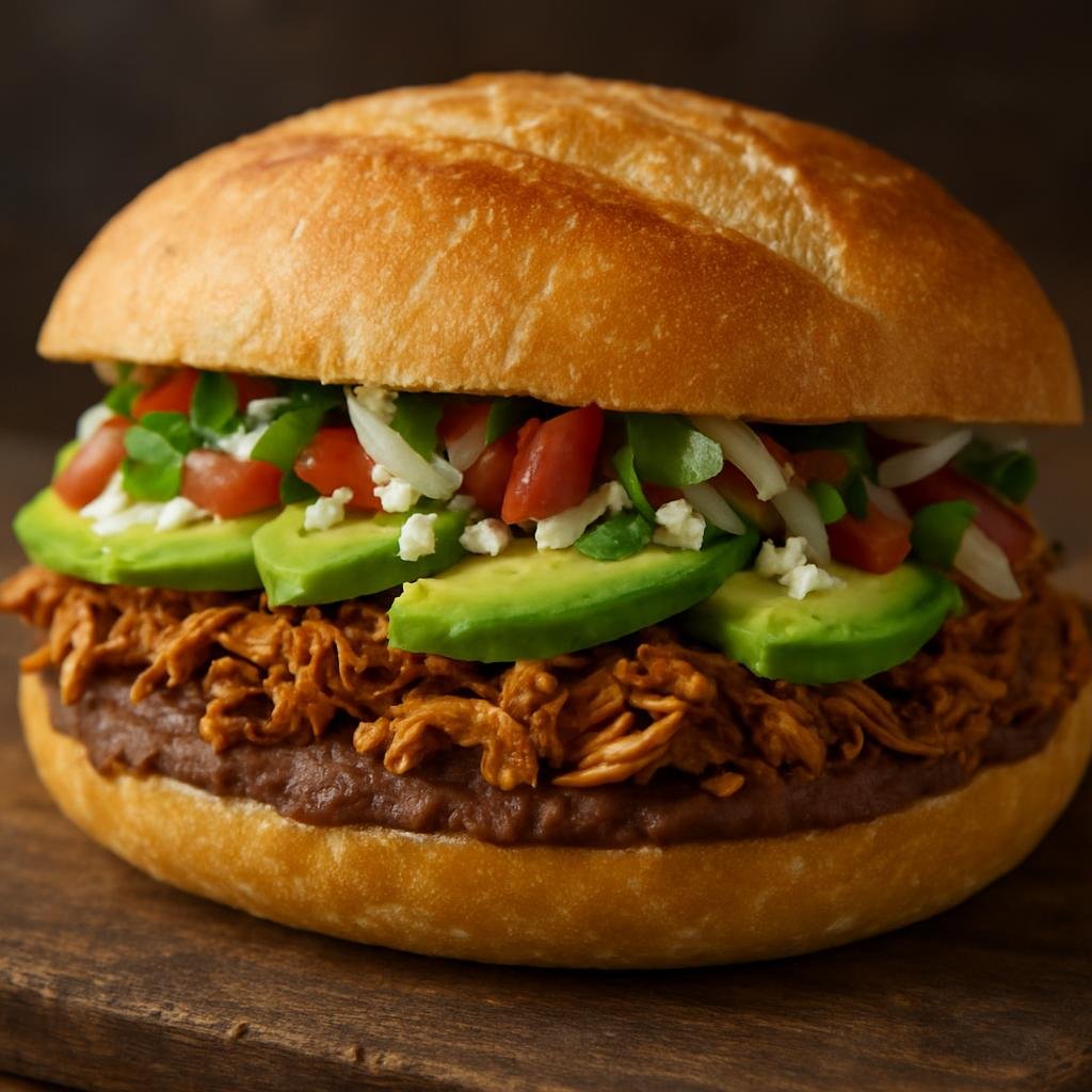 Entree: Mexico – Mexican Street Food Classics – Tortas (Mexican crusty-roll sandwich filled with seasoned shredded pork, refried beans, avocado, cheese, and fresh toppings) recipe