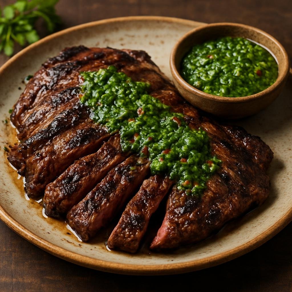 Entree: Argentina – Pampas – Churrasco (High-heat grilled skirt or flank steak served with a fresh herb-garlic chimichurri) recipe