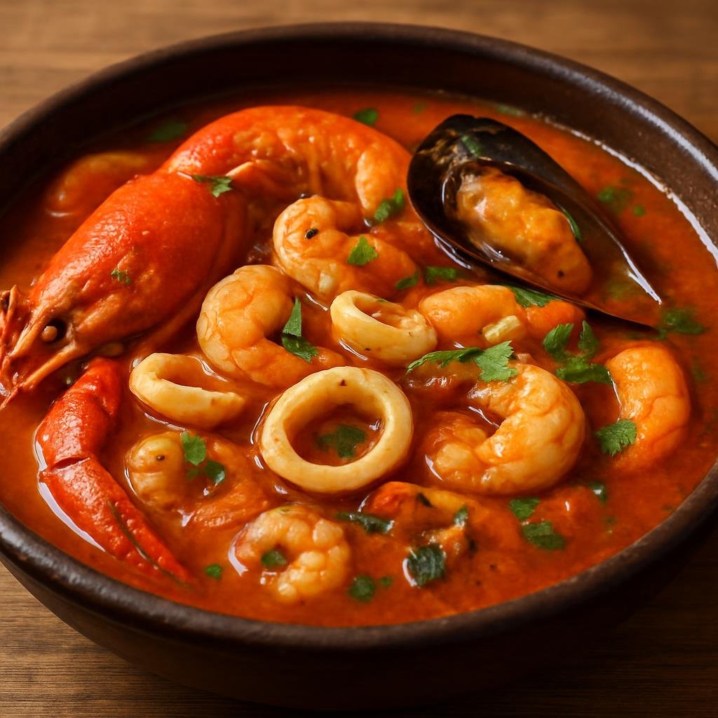 Entree: Colombia – Pacific Coast – Cazuela de Mariscos (Hearty Pacific coastal seafood stew in a coconut-tomato broth) recipe