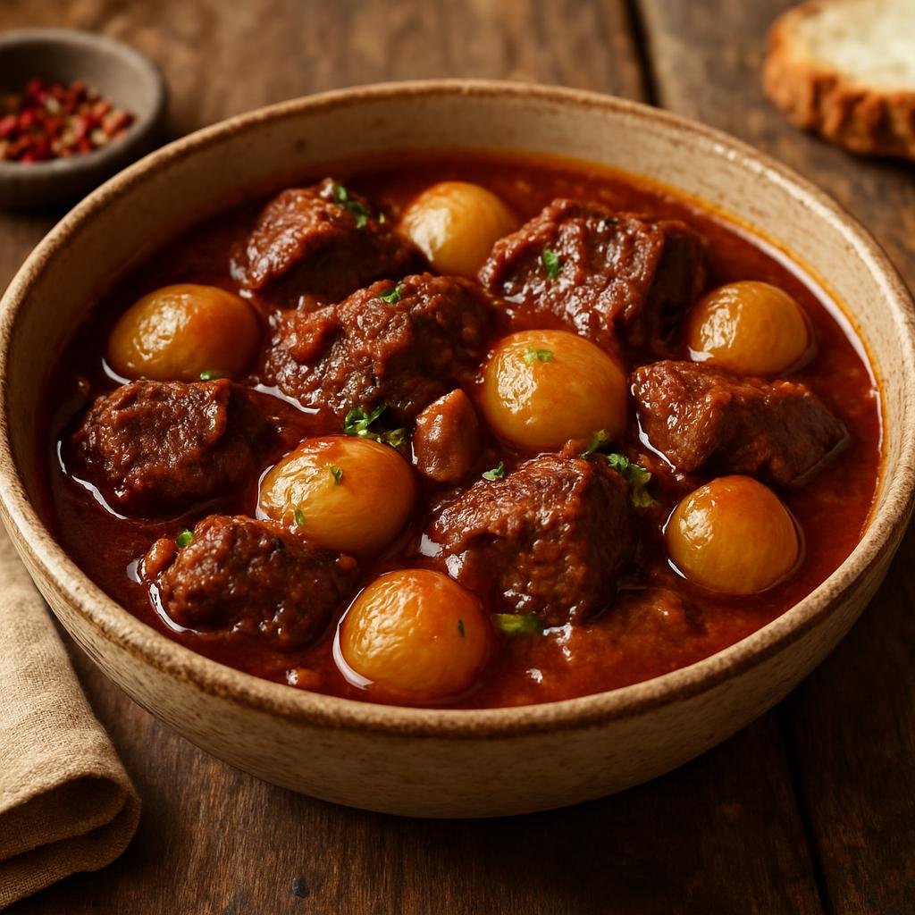 Entree: Greece – Peloponnese – Στιφάδο ➤ Stifádo (Slow-braised beef stew with pearl onions, red wine, and warm spices) recipe