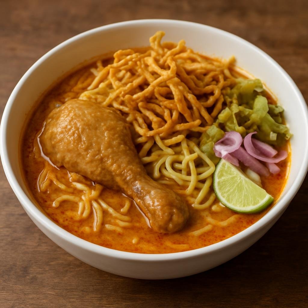 Entree: Thailand – Thai Muslim Cuisine – ข้าวซอย ➤ khao soi (A Northern Thai coconut curry noodle soup with braised chicken served over soft egg noodles and topped with crispy fried noodles and pickled condiments) recipe
